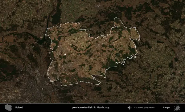 powiat wolominski. Polonya 'nın idari alanı, Mart 2025' te çekilen Kopernik Nöbetçi karolarından oluşan koyu renkli bir uydu görüntüsü üzerine vurgulandı ve özetlendi