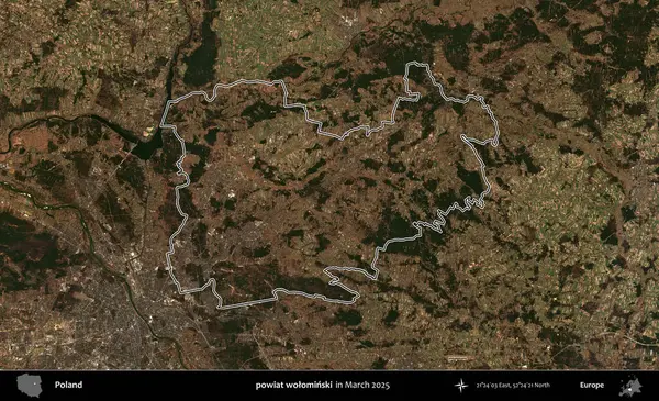 powiat wolominski. Polonya 'nın idari bölgesinin ana hatları, Mart 2025' te çekilen Kopernik Nöbetçi karolarından oluşan bir uydu görüntüsü üzerine çizildi.