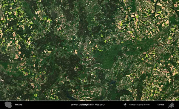 powiat wolsztynski. Copernicus Sentinel 'in Mayıs 2017' de çekilmiş uydu görüntüsü üzerine Polonya 'nın idari bölgesi.