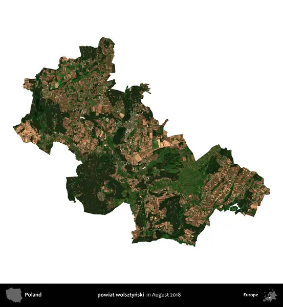 powiat wolsztynski. Polonya idari bölgesi, Ağustos 2018 'de çekilen Kopernik Nöbetçi karolarından oluşan bir uydu görüntüsü üzerinde beyaza izole edildi.