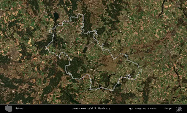 powiat wolsztynski. Polonya 'nın idari bölgesinin ana hatları, Mart 2025' te çekilen Kopernik Nöbetçi karolarından oluşan bir uydu görüntüsü üzerine çizildi.