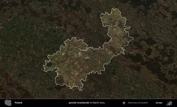 powiat wroclawski. Polonya 'nın idari alanı, Mart 2025' te çekilen Kopernik Nöbetçi karolarından oluşan koyu renkli bir uydu görüntüsü üzerine vurgulandı ve özetlendi