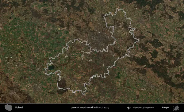 powiat wroclawski. Polonya 'nın idari bölgesinin ana hatları, Mart 2025' te çekilen Kopernik Nöbetçi karolarından oluşan bir uydu görüntüsü üzerine çizildi.