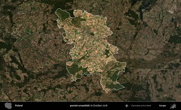 powiat wrzesinski. Polonya 'nın idari alanı, Ekim 2018' de çekilen Kopernik Nöbetçi karolarından oluşan koyu renkli bir uydu görüntüsü üzerine vurgulandı ve özetlendi