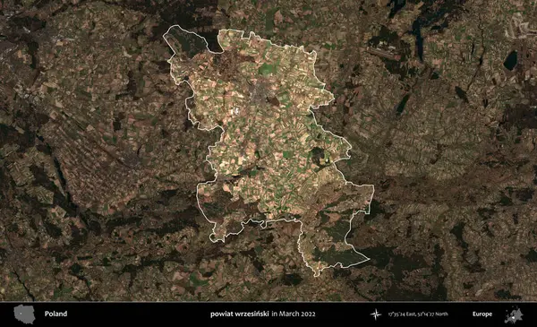 powiat wrzesinski. Polonya 'nın idari alanı, Mart 2022' de çekilen Kopernik Nöbetçi karolarından oluşan koyu renkli bir uydu görüntüsü üzerine vurgulandı ve özetlendi.