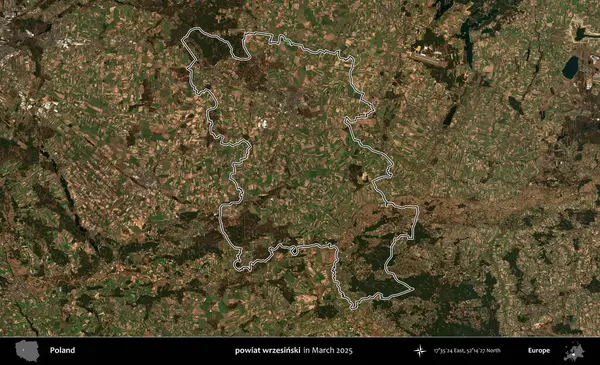 powiat wrzesinski. Polonya 'nın idari bölgesinin ana hatları, Mart 2025' te çekilen Kopernik Nöbetçi karolarından oluşan bir uydu görüntüsü üzerine çizildi.