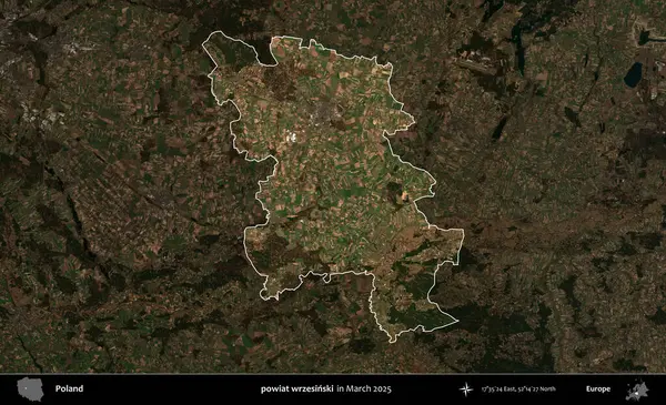powiat wrzesinski. Polonya 'nın idari alanı, Mart 2025' te çekilen Kopernik Nöbetçi karolarından oluşan koyu renkli bir uydu görüntüsü üzerine vurgulandı ve özetlendi