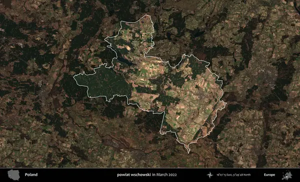 powiat wschowski. Polonya 'nın idari alanı, Mart 2022' de çekilen Kopernik Nöbetçi karolarından oluşan koyu renkli bir uydu görüntüsü üzerine vurgulandı ve özetlendi.