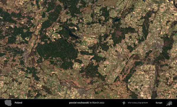 powiat wschowski. Copernicus Sentinel 'in Mart 2022' de çekilmiş uydu görüntüsü üzerine Polonya 'nın idari bölgesi.