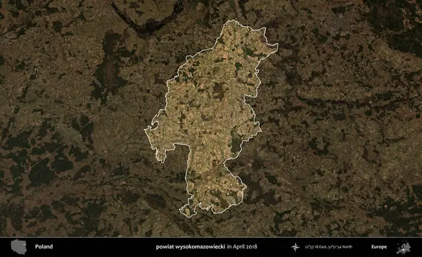 powiat wysokomazowiecki. Polonya 'nın idari alanı, Nisan 2018' de çekilen Kopernik Nöbetçi karolarından oluşan koyu renkli bir uydu görüntüsü üzerine vurgulandı ve özetlendi