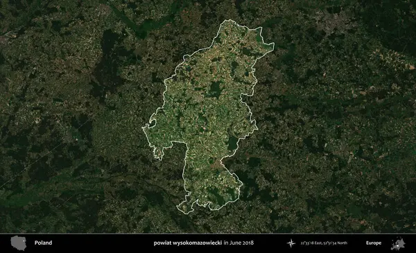 powiat wysokomazowiecki. Polonya 'nın idari alanı, Haziran 2018' de çekilen Kopernik Nöbetçi karolarından oluşan koyu renkli bir uydu görüntüsüyle vurgulandı ve özetlendi
