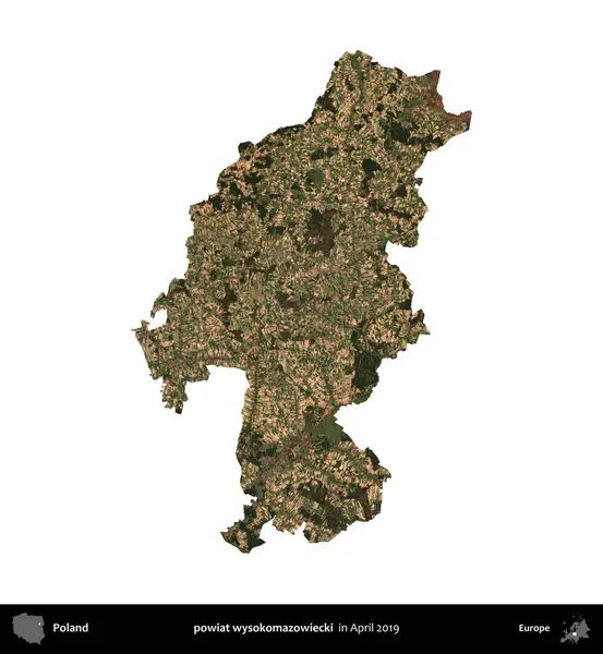 powiat wysokomazowiecki. Polonya idari bölgesi, Nisan 2019 'da çekilen Kopernik Nöbetçi karolarından oluşan bir uydu görüntüsü üzerinde beyaza izole edildi.