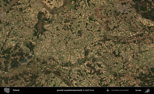 powiat wysokomazowiecki. Nisan 2019 'da çekilen Kopernik Sentinel karolarından oluşan bir uydu görüntüsü üzerine Polonya' nın idari bölgesi
