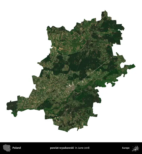 powiat wyszkowski. Polonya idari bölgesi, Haziran 2018 'de çekilen Kopernik Nöbetçi karolarından oluşan bir uydu görüntüsü üzerinde beyaza izole edildi.