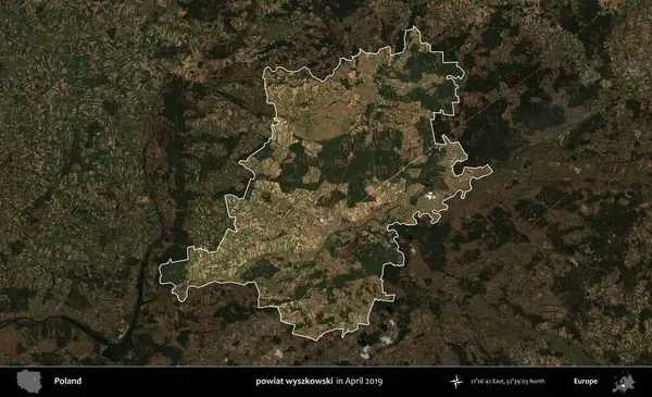 powiat wyszkowski. Polonya 'nın idari alanı, Nisan 2019' da çekilen Kopernik Nöbetçi karolarından oluşan koyu renkli bir uydu görüntüsü üzerine vurgulandı ve özetlendi.