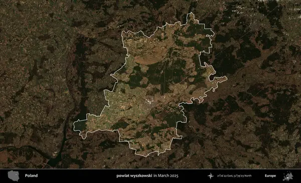 powiat wyszkowski. Polonya 'nın idari alanı, Mart 2025' te çekilen Kopernik Nöbetçi karolarından oluşan koyu renkli bir uydu görüntüsü üzerine vurgulandı ve özetlendi