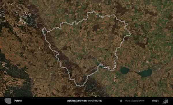 powiat zabkowicki. Polonya 'nın idari bölgesinin ana hatları, Mart 2025' te çekilen Kopernik Nöbetçi karolarından oluşan bir uydu görüntüsü üzerine çizildi.