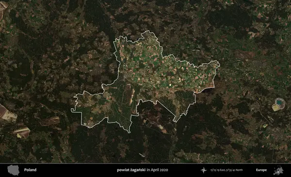 powiat zaganski. Polonya 'nın idari alanı, Nisan 2020' de çekilen Kopernik Nöbetçi karolarından oluşan koyu renkli bir uydu görüntüsü üzerine vurgulandı ve özetlendi