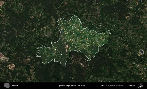 powiat zaganski. Polonya 'nın idari alanı, Haziran 2023' te çekilen Kopernik Nöbetçi karolarından oluşan koyu renkli bir uydu görüntüsü üzerine vurgulandı ve özetlendi.