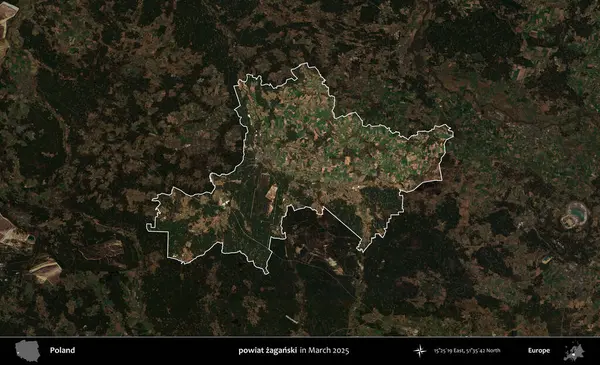 powiat zaganski. Polonya 'nın idari alanı, Mart 2025' te çekilen Kopernik Nöbetçi karolarından oluşan koyu renkli bir uydu görüntüsü üzerine vurgulandı ve özetlendi