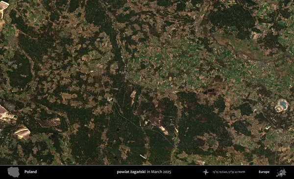 powiat zaganski. Copernicus Sentinel 'in Mart 2025' te çekilmiş uydu görüntüsü üzerine Polonya 'nın idari bölgesi