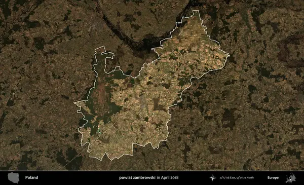 powiat zambrowski. Polonya 'nın idari alanı, Nisan 2018' de çekilen Kopernik Nöbetçi karolarından oluşan koyu renkli bir uydu görüntüsü üzerine vurgulandı ve özetlendi