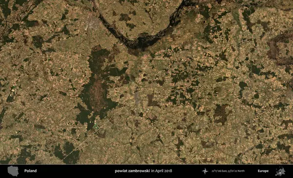 powiat zambrowski. Nisan 2018 'de çekilen Kopernik Sentinel karolarından oluşan bir uydu görüntüsü üzerine Polonya' nın idari bölgesi