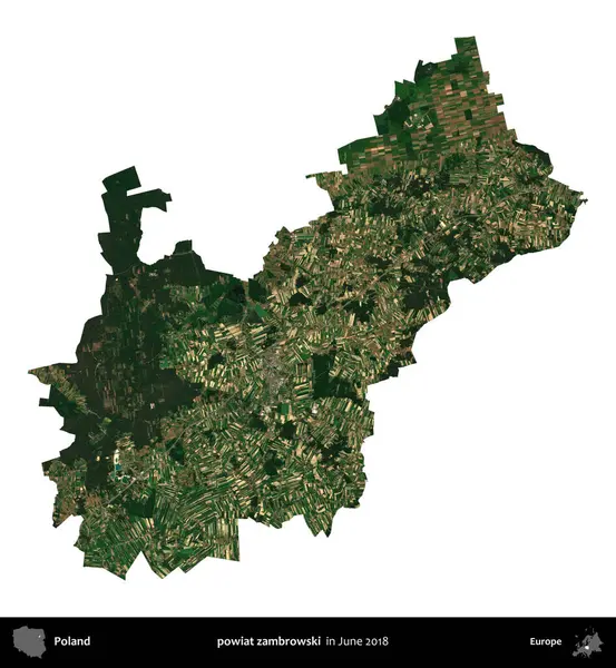 powiat zambrowski. Polonya idari bölgesi, Haziran 2018 'de çekilen Kopernik Nöbetçi karolarından oluşan bir uydu görüntüsü üzerinde beyaza izole edildi.