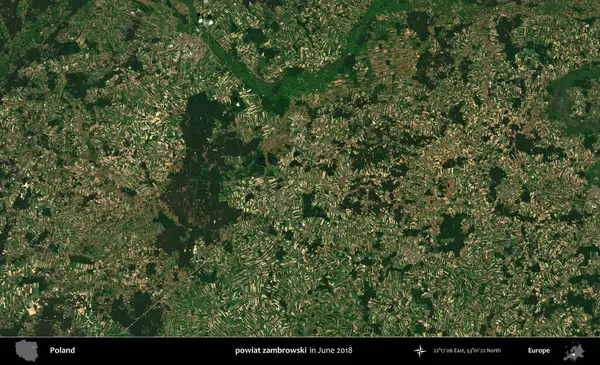 powiat zambrowski. Copernicus Sentinel 'in Haziran 2018' de çekilmiş uydu görüntüsü üzerine Polonya 'nın idari bölgesi