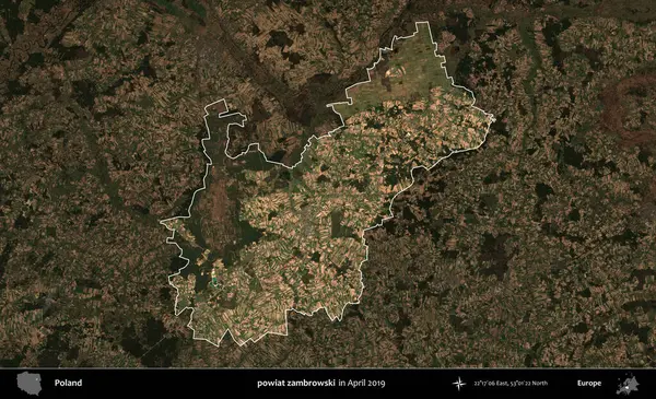 powiat zambrowski. Polonya 'nın idari alanı, Nisan 2019' da çekilen Kopernik Nöbetçi karolarından oluşan koyu renkli bir uydu görüntüsü üzerine vurgulandı ve özetlendi.