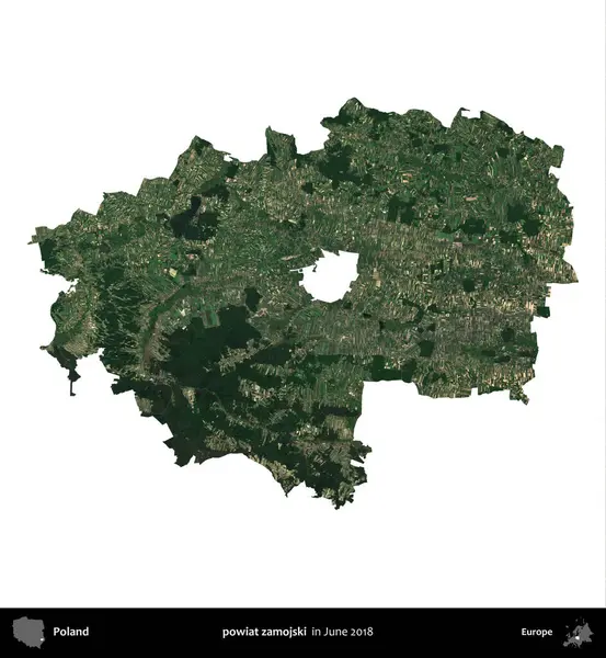 powiat zamojski. Polonya idari bölgesi, Haziran 2018 'de çekilen Kopernik Nöbetçi karolarından oluşan bir uydu görüntüsü üzerinde beyaza izole edildi.