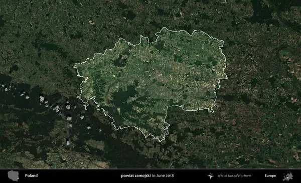 powiat zamojski. Polonya 'nın idari alanı, Haziran 2018' de çekilen Kopernik Nöbetçi karolarından oluşan koyu renkli bir uydu görüntüsüyle vurgulandı ve özetlendi
