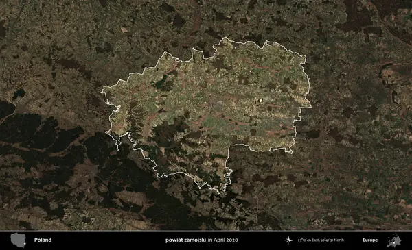 powiat zamojski. Polonya 'nın idari alanı, Nisan 2020' de çekilen Kopernik Nöbetçi karolarından oluşan koyu renkli bir uydu görüntüsü üzerine vurgulandı ve özetlendi