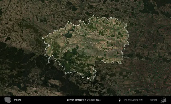 powiat zamojski. Polonya 'nın idari alanı, Ekim 2024' te çekilen Kopernik Nöbetçi karolarından oluşan koyu renkli bir uydu görüntüsü üzerine vurgulandı ve özetlendi