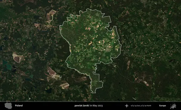 powiat zarski. Polonya 'nın idari alanı, Mayıs 2023' te çekilen Kopernik Nöbetçi karolarından oluşan koyu renkli bir uydu görüntüsü üzerinde vurgulandı ve özetlendi.