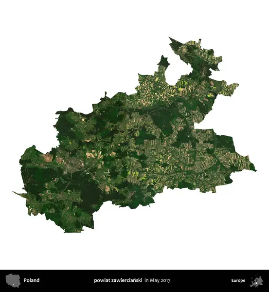 powiat zawiercianski. Polonya idari bölgesi, Mayıs 2017 'de çekilen Kopernik Nöbetçi karolarından oluşan bir uydu görüntüsü üzerinde beyaza izole edildi.
