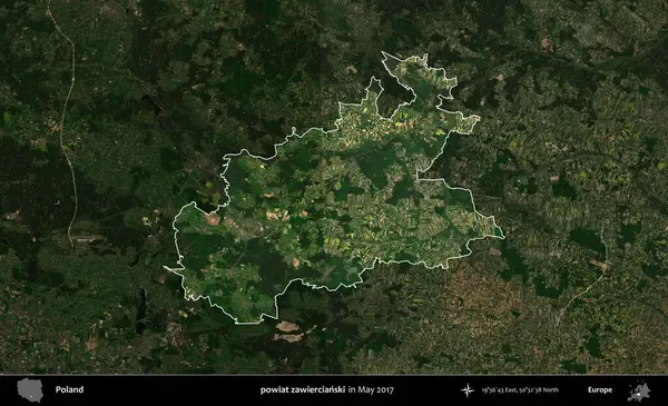powiat zawiercianski. Polonya 'nın idari alanı, Mayıs 2017' de çekilen Kopernik Nöbetçi karolarından oluşan koyu renkli bir uydu görüntüsü üzerinde vurgulandı ve özetlendi.