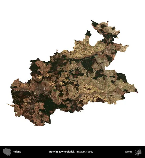 powiat zawiercianski. Polonya idari bölgesi, Mart 2022 'de çekilen Kopernik Nöbetçi karolarından oluşan bir uydu görüntüsü üzerinde beyaza izole edildi.