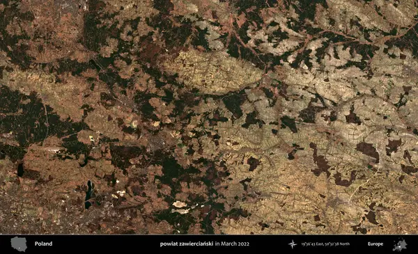 powiat zawiercianski. Copernicus Sentinel 'in Mart 2022' de çekilmiş uydu görüntüsü üzerine Polonya 'nın idari bölgesi.