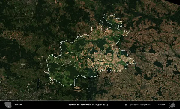 powiat zawiercianski. Polonya 'nın idari alanı, Ağustos 2023' te çekilen Kopernik Nöbetçi karolarından oluşan koyu renkli bir uydu görüntüsü üzerine vurgulandı ve özetlendi.