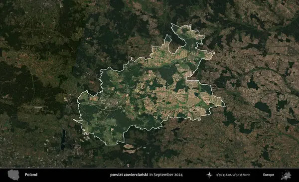 powiat zawiercianski. Polonya 'nın idari alanı, Eylül 2024' te çekilen Kopernik Nöbetçi karolarından oluşan koyu renkli bir uydu görüntüsü üzerine vurgulandı ve özetlendi
