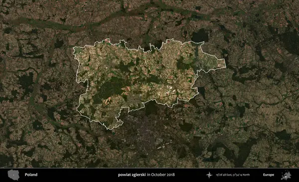 powiat zgierski. Polonya 'nın idari alanı, Ekim 2018' de çekilen Kopernik Nöbetçi karolarından oluşan koyu renkli bir uydu görüntüsü üzerine vurgulandı ve özetlendi