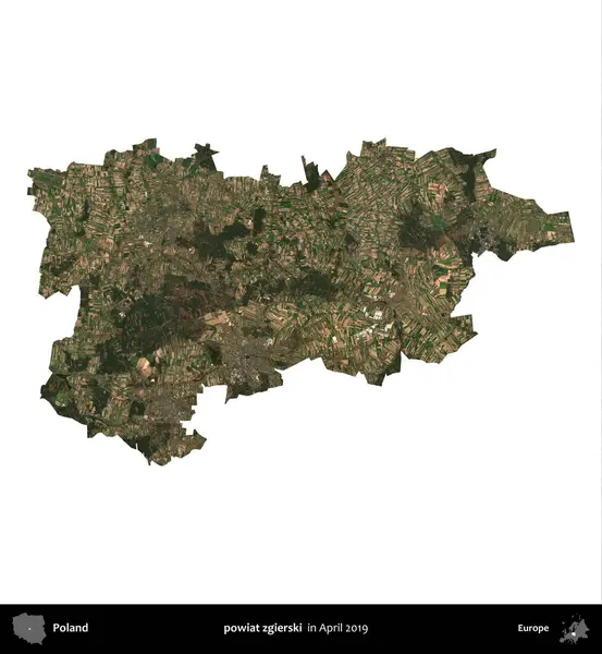 powiat zgierski. Polonya idari bölgesi, Nisan 2019 'da çekilen Kopernik Nöbetçi karolarından oluşan bir uydu görüntüsü üzerinde beyaza izole edildi.