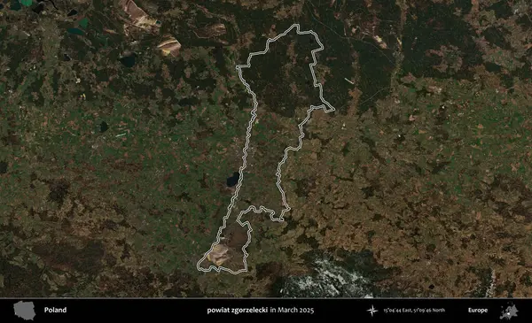 powiat zgorzelecki. Polonya 'nın idari bölgesinin ana hatları, Mart 2025' te çekilen Kopernik Nöbetçi karolarından oluşan bir uydu görüntüsü üzerine çizildi.