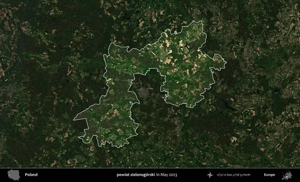 powiat zielonogorski. Polonya 'nın idari alanı, Mayıs 2023' te çekilen Kopernik Nöbetçi karolarından oluşan koyu renkli bir uydu görüntüsü üzerinde vurgulandı ve özetlendi.