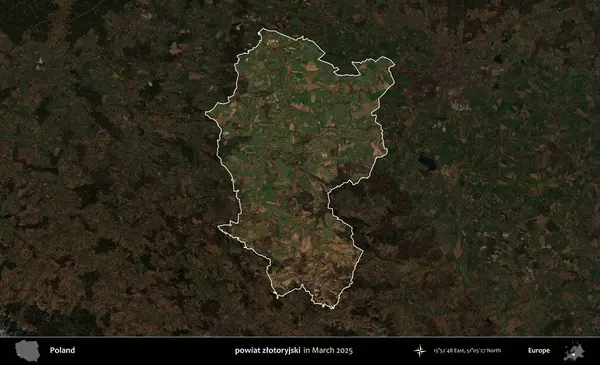 powiat zlotoryjski. Polonya 'nın idari alanı, Mart 2025' te çekilen Kopernik Nöbetçi karolarından oluşan koyu renkli bir uydu görüntüsü üzerine vurgulandı ve özetlendi