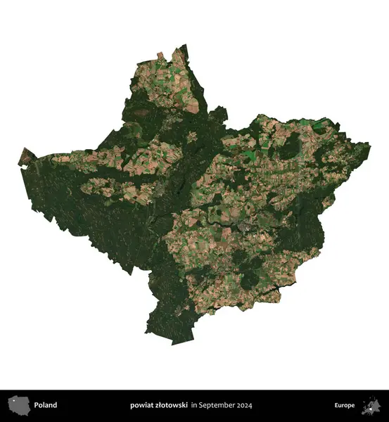 powiat zlotowski. Polonya idari bölgesi, Eylül 2024 'te çekilen Kopernik Nöbetçi karolarından oluşan bir uydu görüntüsü üzerinde beyaza izole edildi.