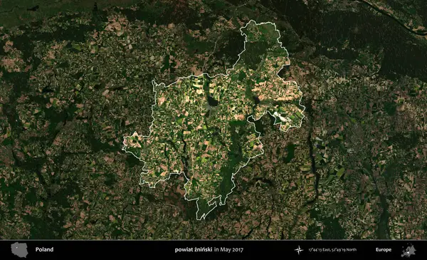 powiat zninski. Polonya 'nın idari alanı, Mayıs 2017' de çekilen Kopernik Nöbetçi karolarından oluşan koyu renkli bir uydu görüntüsü üzerinde vurgulandı ve özetlendi.