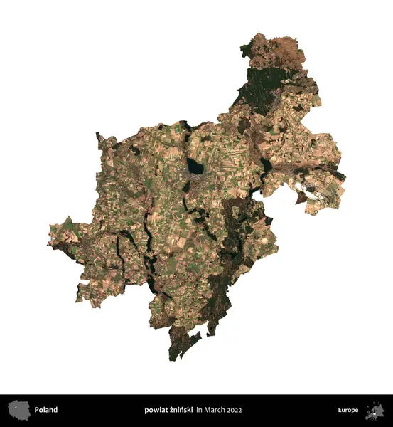 powiat zninski. Polonya idari bölgesi, Mart 2022 'de çekilen Kopernik Nöbetçi karolarından oluşan bir uydu görüntüsü üzerinde beyaza izole edildi.