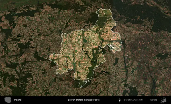 powiat zninski. Polonya 'nın idari alanı, Ekim 2018' de çekilen Kopernik Nöbetçi karolarından oluşan koyu renkli bir uydu görüntüsü üzerine vurgulandı ve özetlendi